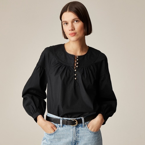 NWT!! J. CREW Shirred Popover Top Blouse Cotton Poplin Solid Black Preppy Small - Picture 1 of 16